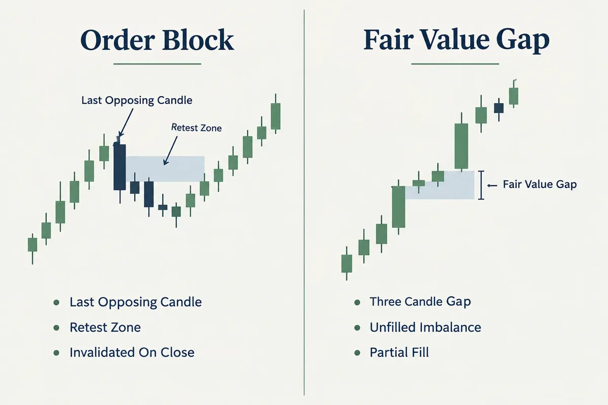 Side by side comparison of order block and fair value gap