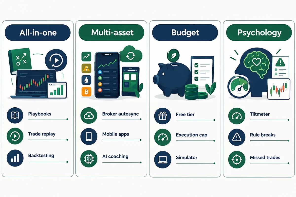 Four panel comparison of trading journal types