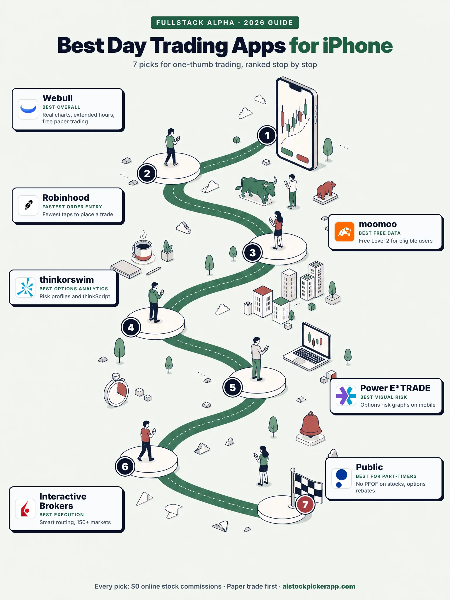 Roadmap infographic of the 7 best day trading apps for iPhone: Webull, Robinhood, moomoo, thinkorswim, Power E*TRADE, Interactive Brokers and Public
