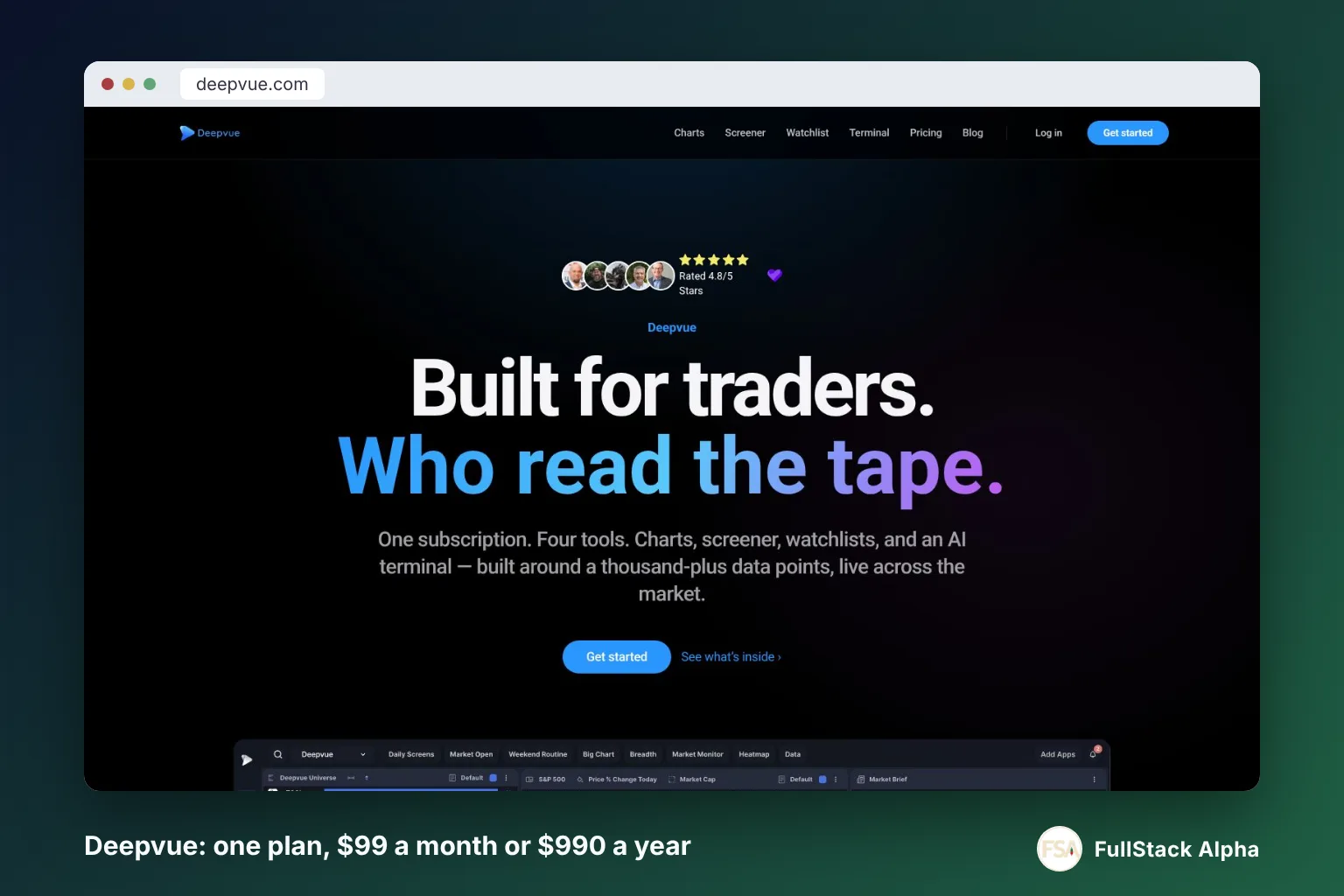 Deepvue homepage, one plan at $99 a month