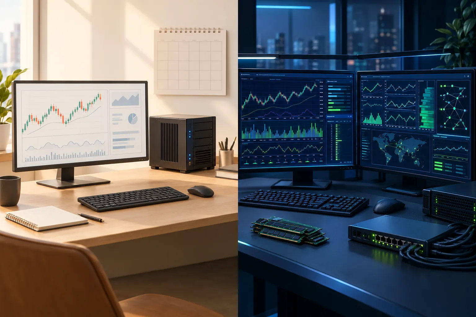 Split image of two trading setups: a simple home desk with one chart monitor and a small server, next to a dark multi-monitor desk with servers and network gear for heavier live trading.