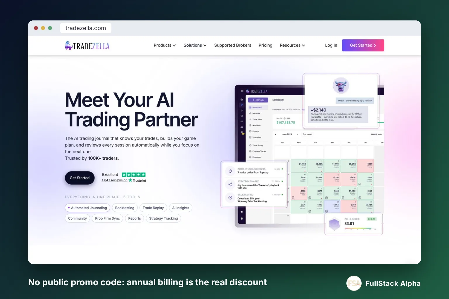 TradeZella homepage, no public promo code