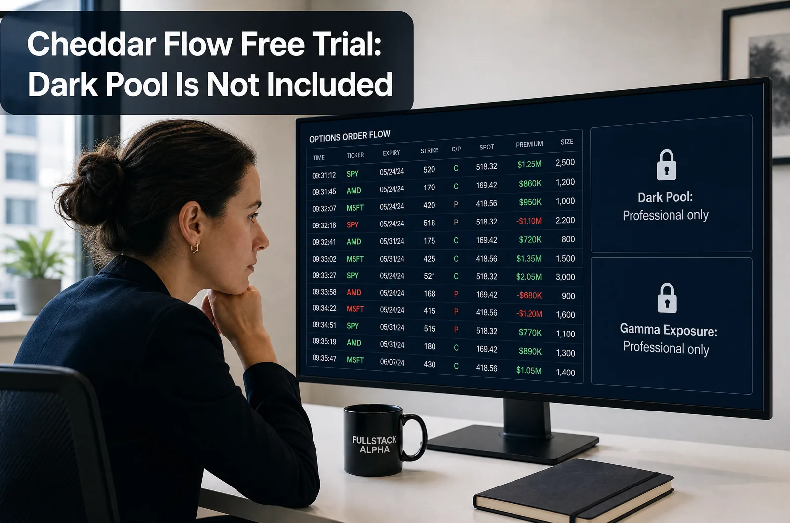 Cheddar Flow free trial dashboard with dark pool and Gamma Exposure locked to the Professional plan