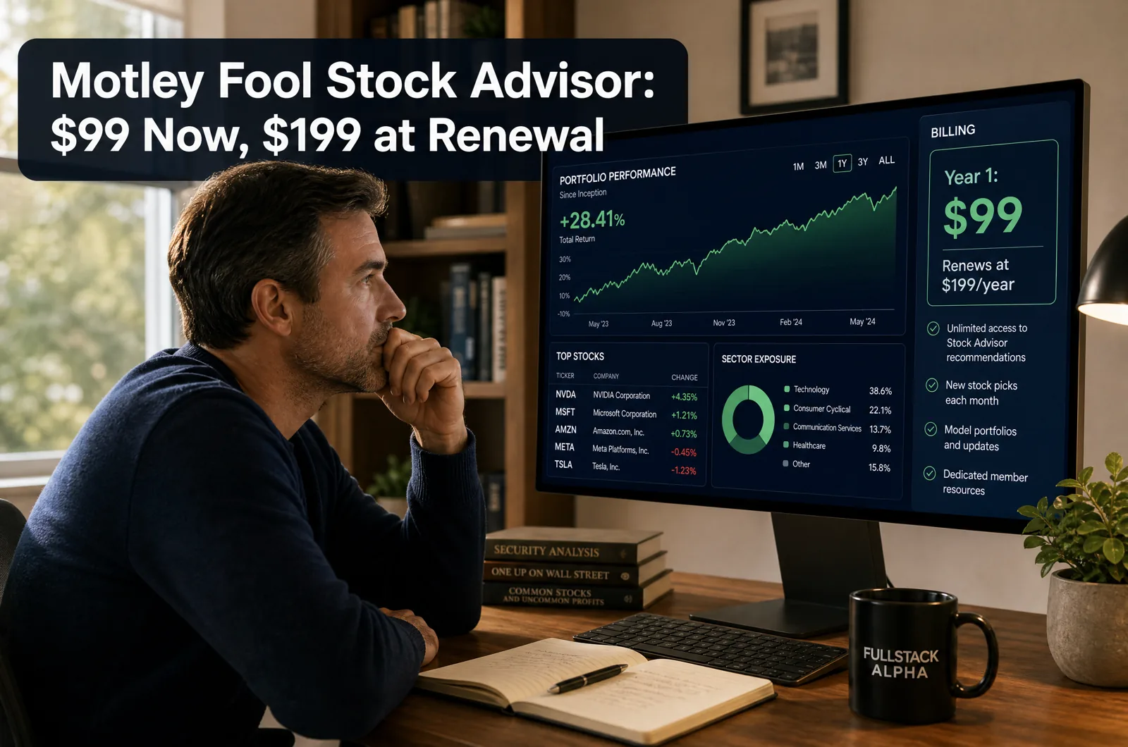 Investor at a desk reviewing a Motley Fool Stock Advisor billing panel: $99 for year one, renews at $199 a year