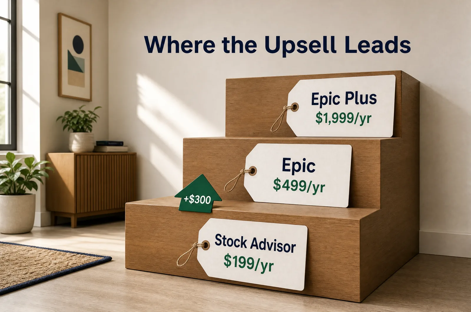 Motley Fool upsell ladder: Stock Advisor $199 a year, Epic $499 a year, Epic Plus $1,999 a year
