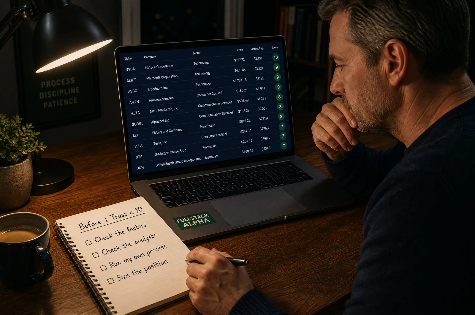 Handwritten checklist for checking a TipRanks Smart Score of 10 before buying a stock