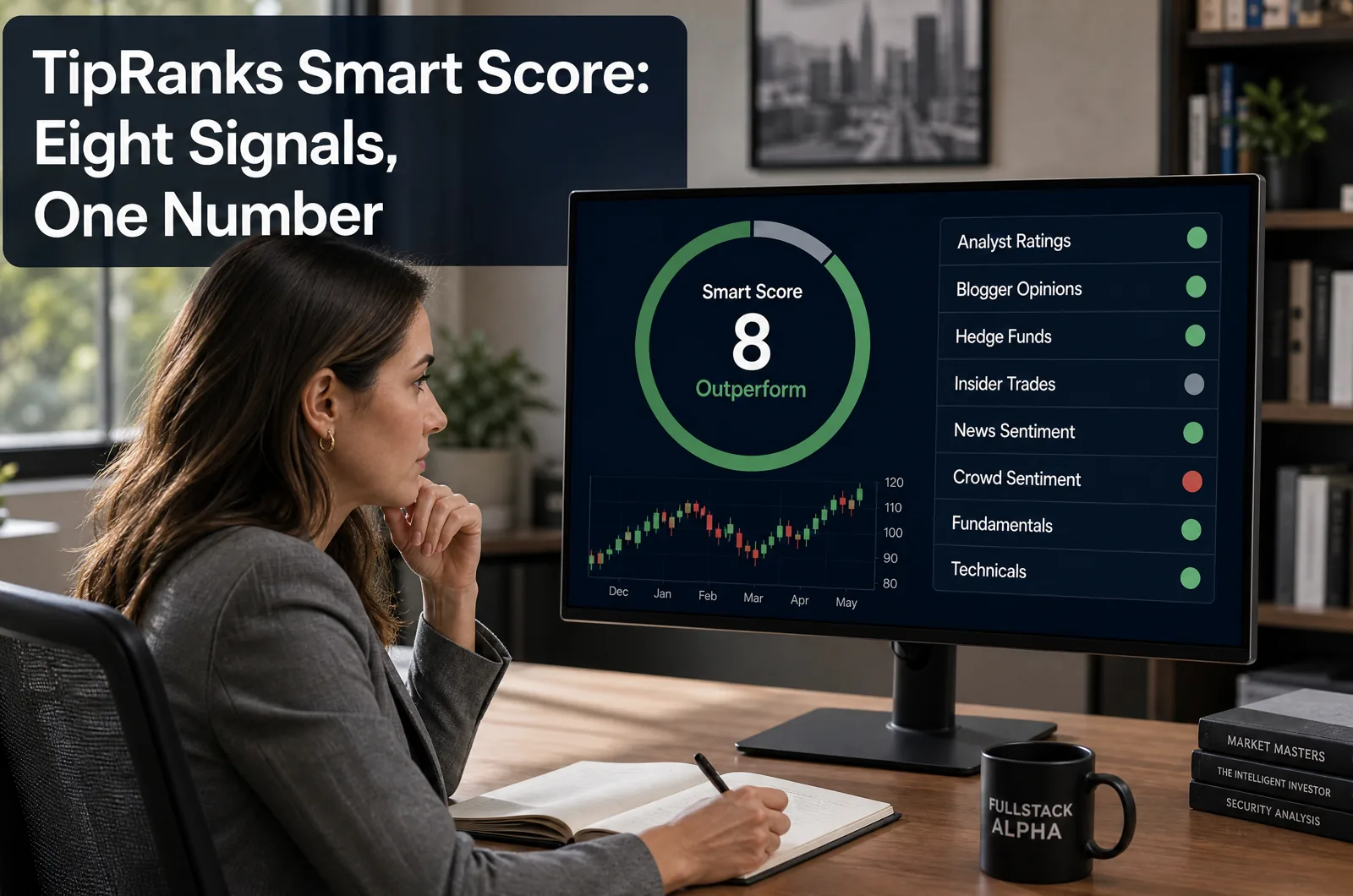 TipRanks Smart Score of 8, Outperform, shown with its eight factor signals on a stock research dashboard