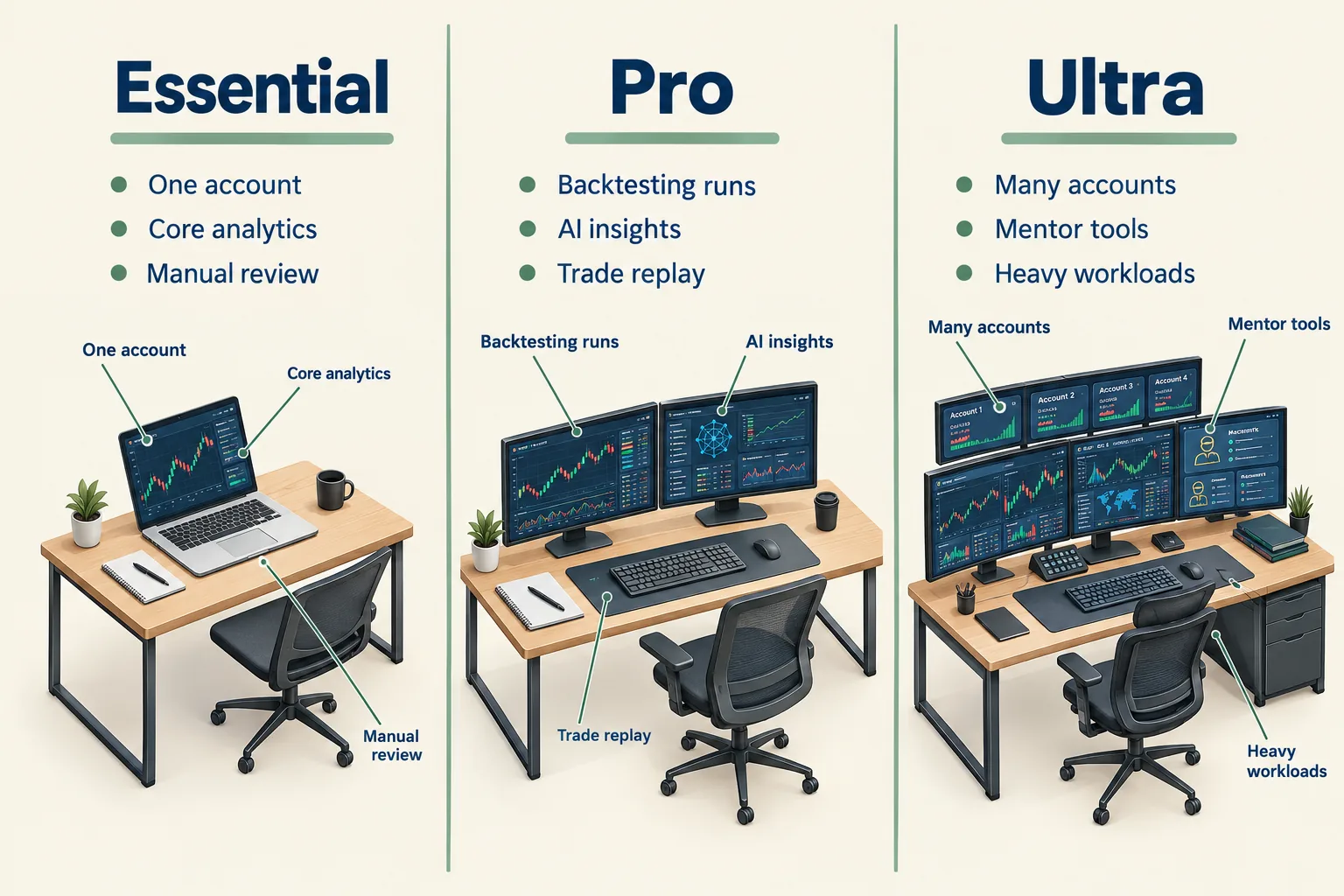 TradeZella Essential vs Pro vs Ultra at a glance