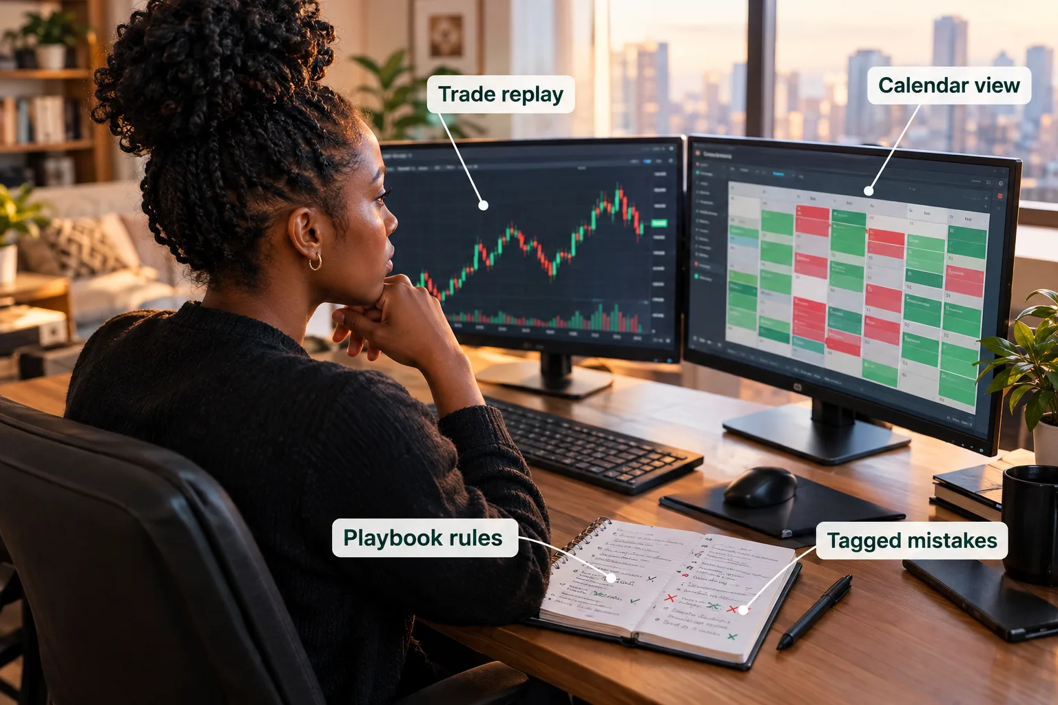A trader reviewing the calendar view and trade replay