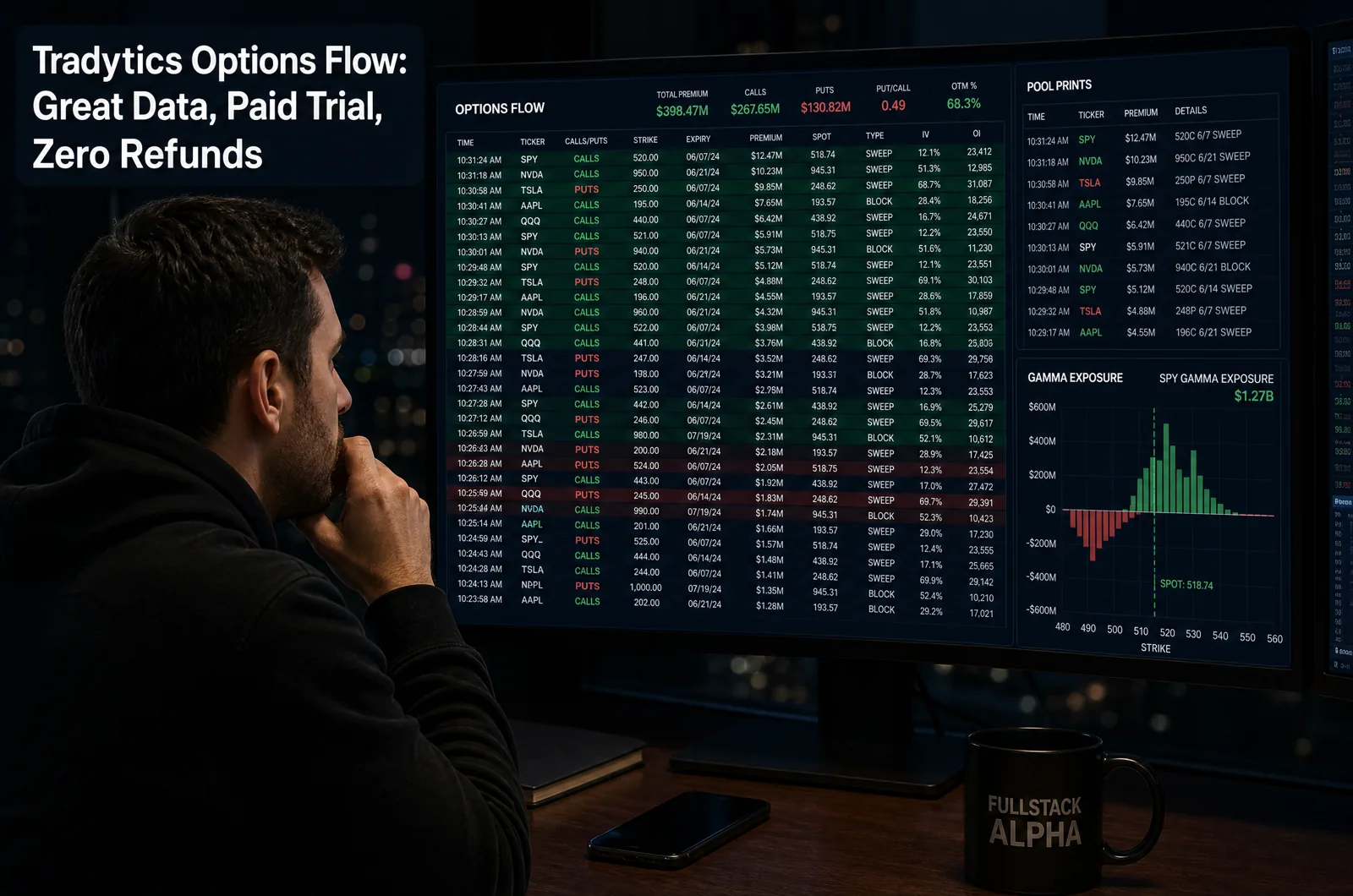 Tradytics options flow dashboard with dark pool prints and gamma exposure panels