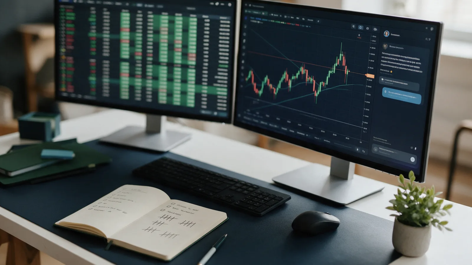 Two monitors showing a stock screener and a candlestick chart with an AI assistant panel, next to a notebook with a testing checklist