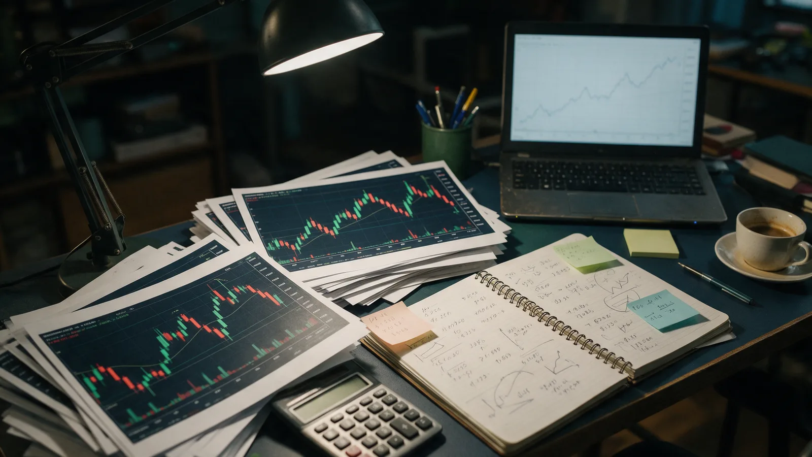 A desk at night covered in printed candlestick charts, a notebook of handwritten numbers, a calculator, and a laptop