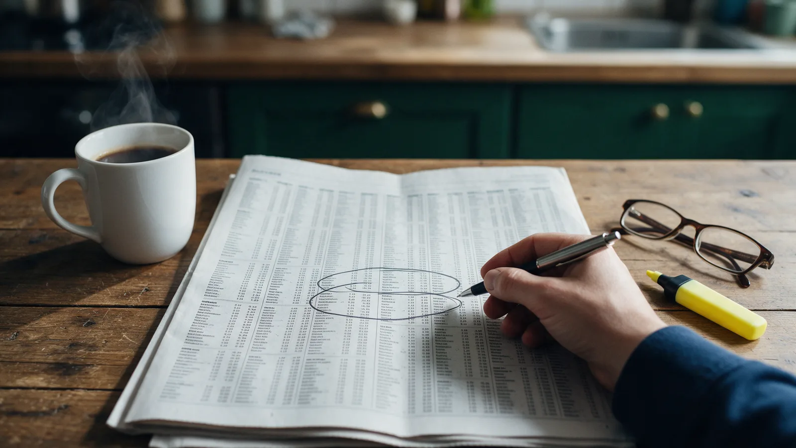 A newspaper open to the stock tables on a wooden kitchen table, with a pen circling two listings beside a cup of coffee