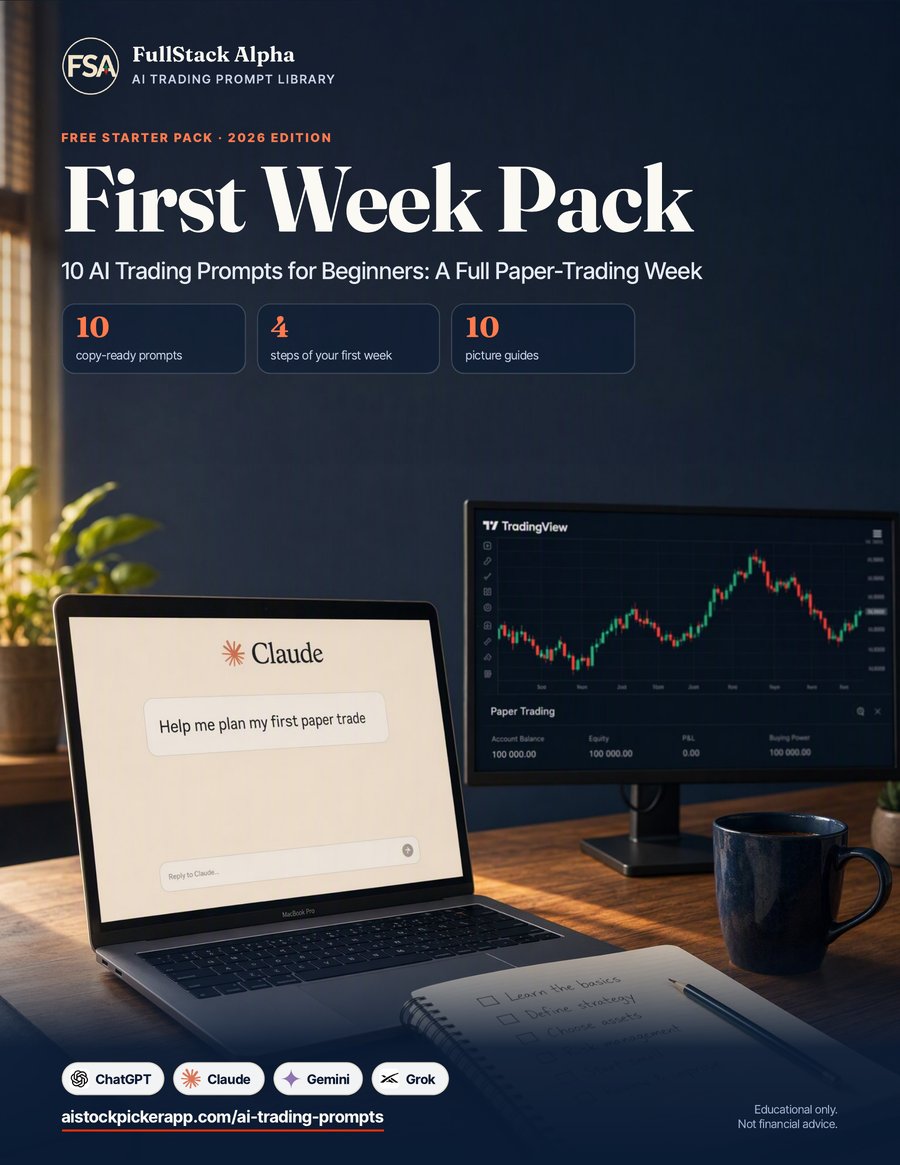 Cover of the free First Week Pack, an AI trading for beginners guide with 10 prompts: Claude helping plan a first paper trade
