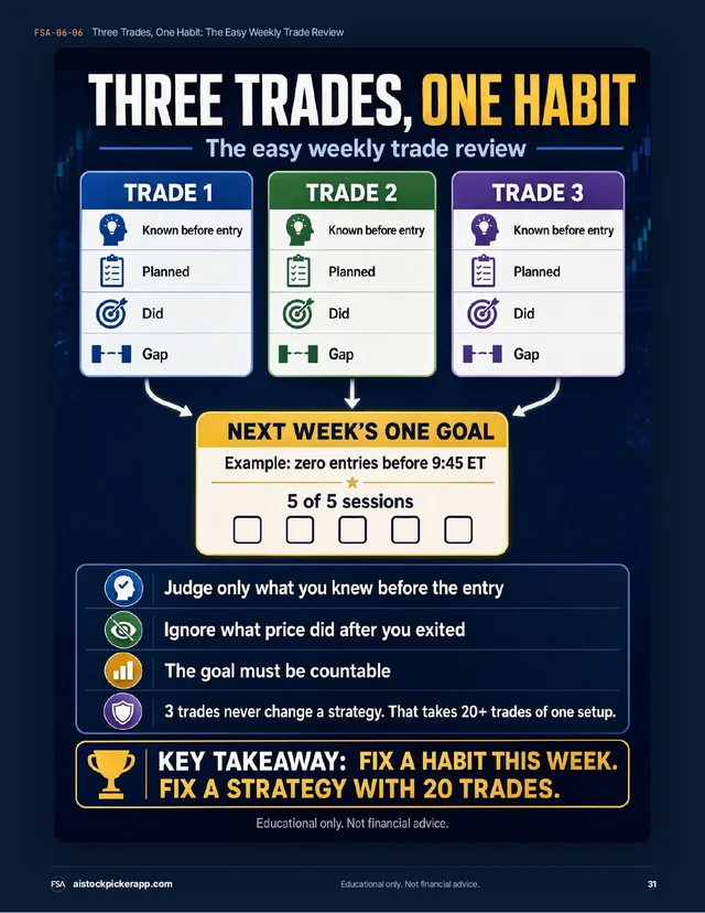 First Week Pack page 31: three trades, one habit, the easy weekly trade review