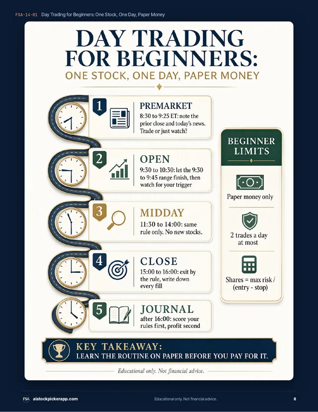 First Week Pack page 8: day trading for beginners, one stock, one day, paper money