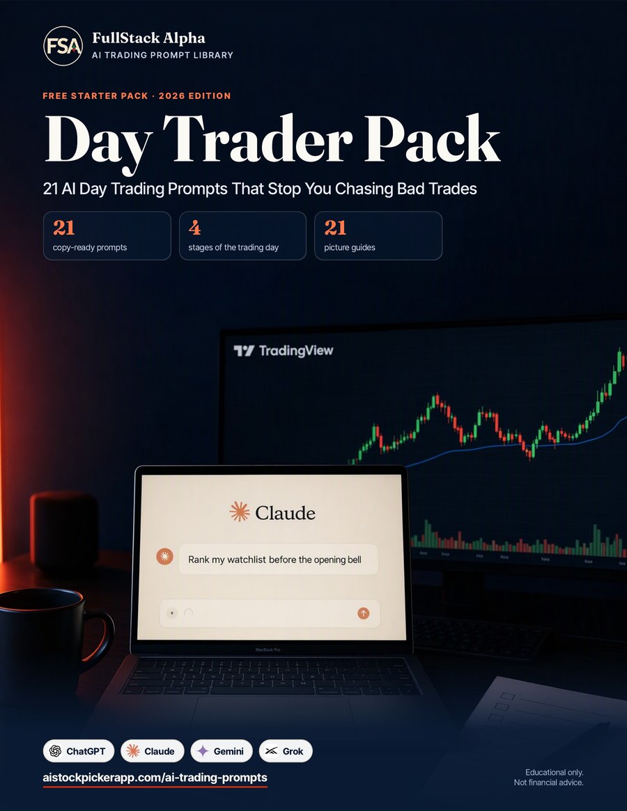Cover of the free Day Trader Pack, an AI day trading guide with 21 prompts: Claude on a laptop ranking a watchlist next to a TradingView chart