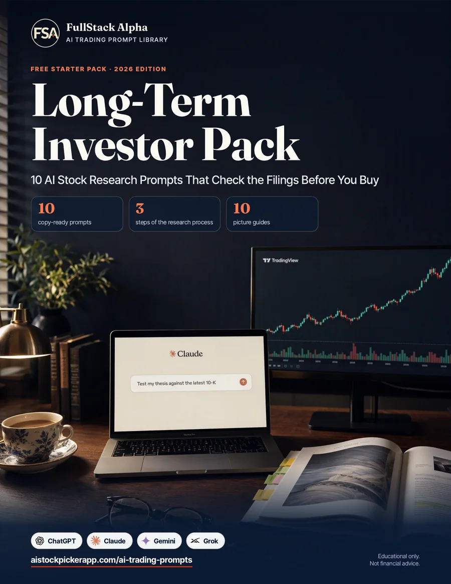 Cover of the free Long-Term Investor Pack, an AI stock picker guide with 10 research prompts: Claude testing a thesis against a printed 10-K