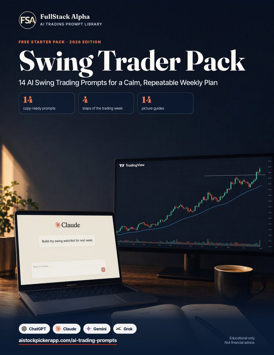 Cover of the free Swing Trader Pack, a swing trading strategy guide with 14 AI prompts: Claude building a swing watchlist next to a TradingView daily chart