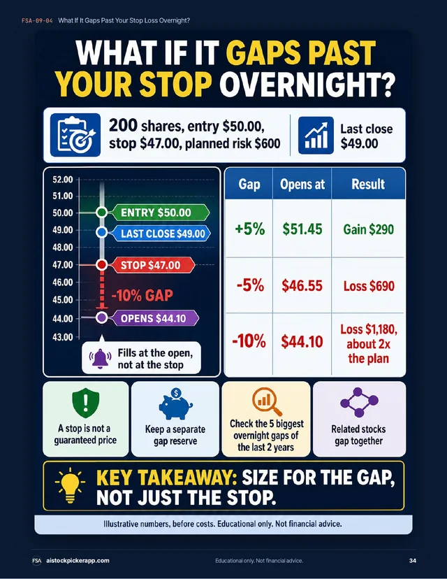 Swing Trader Pack page 34: what if it gaps past your stop overnight