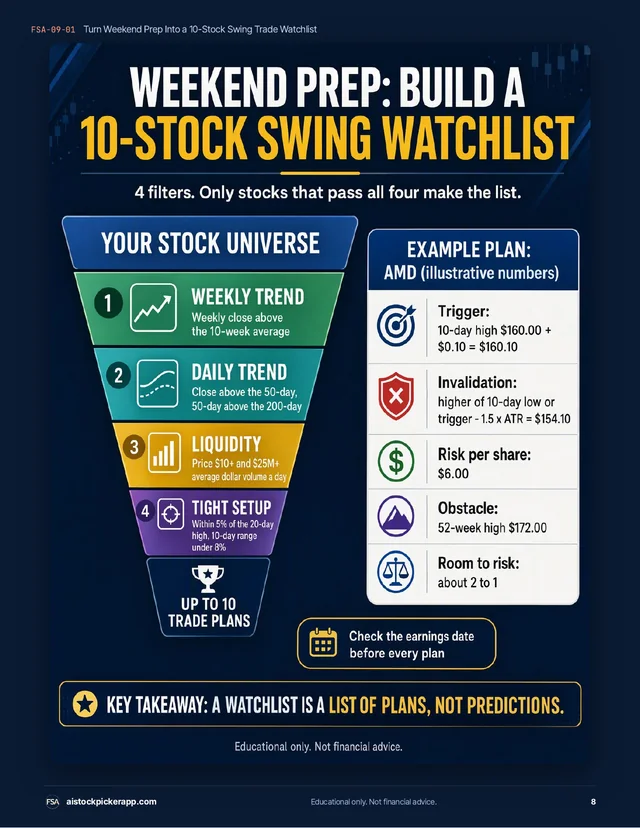 Swing Trader Pack page 8: weekend prep, build a 10-stock swing watchlist