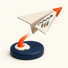 3D paper airplane folded from a stock chart taking off from a navy launch pad, the First Week Pack icon