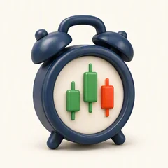 3D navy alarm clock with green and red candlesticks on its face, the Day Trader Pack icon
