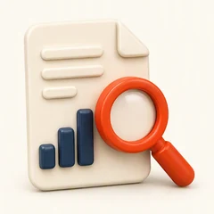 3D company report with a rising bar chart under a red magnifying glass, the Long-Term Investor Pack icon