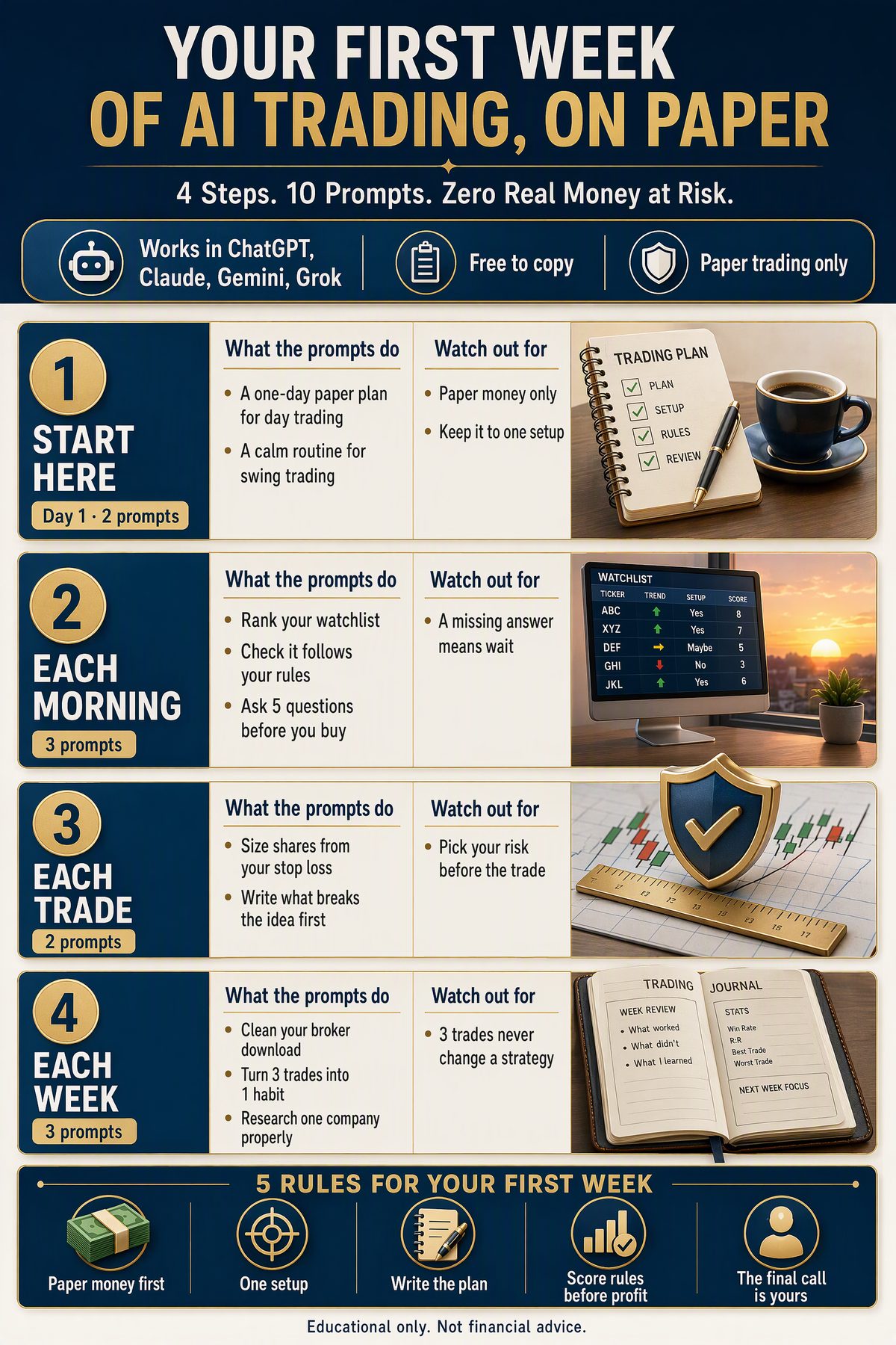 AI trading for beginners infographic: your first week of paper trading in 4 steps, start here, each morning, each trade and each week, with what the 10 prompts do and 5 rules for your first week