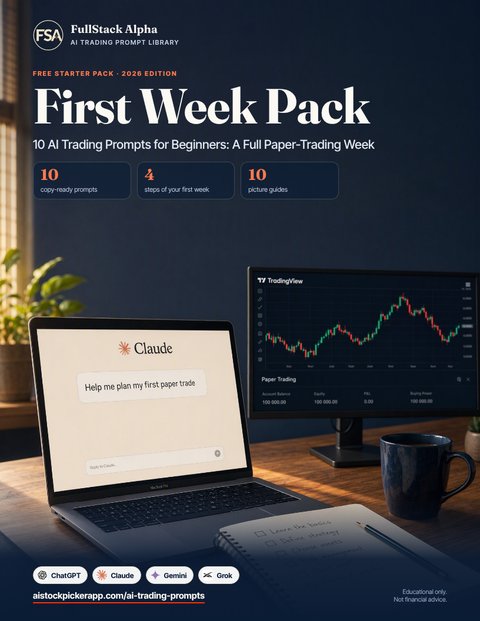 Cover of the FullStack Alpha First Week Pack PDF: Claude on a laptop helping plan a first paper trade next to a TradingView chart