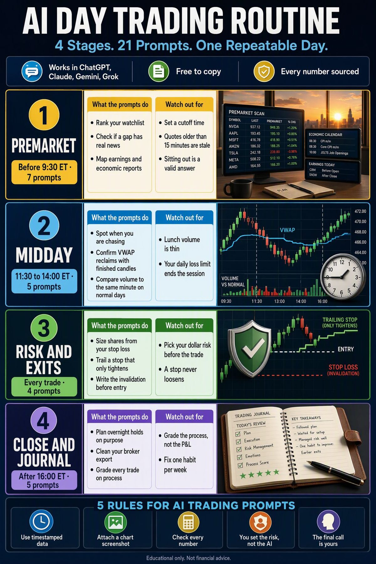 AI day trading routine infographic: premarket before 9:30 ET, midday 11:30 to 14:00 ET, risk and exits on every trade, close and journal after 16:00 ET, with what the 21 prompts do and 5 rules for AI trading prompts