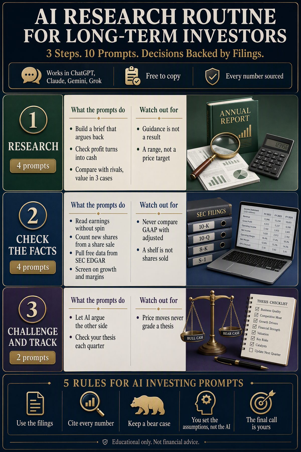 AI stock research routine for long-term investors infographic: research a company from its filings, check the facts in each report, then challenge and track your thesis, with what the 10 prompts do and 5 rules for AI investing prompts