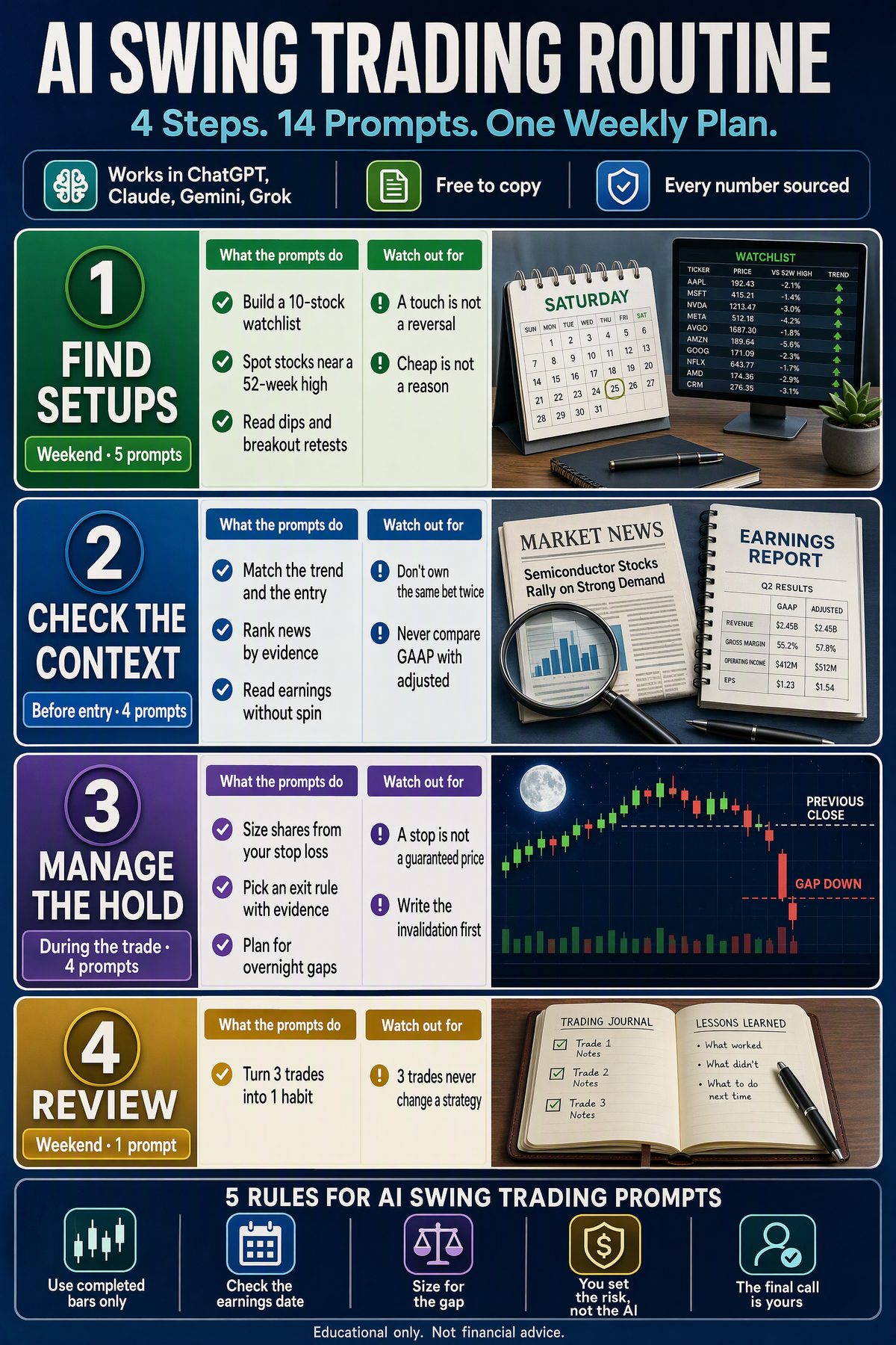 AI swing trading routine infographic: find setups on the weekend, check the context before entry, manage the hold during the trade and review on the weekend, with what the 14 prompts do and 5 rules for AI swing trading prompts