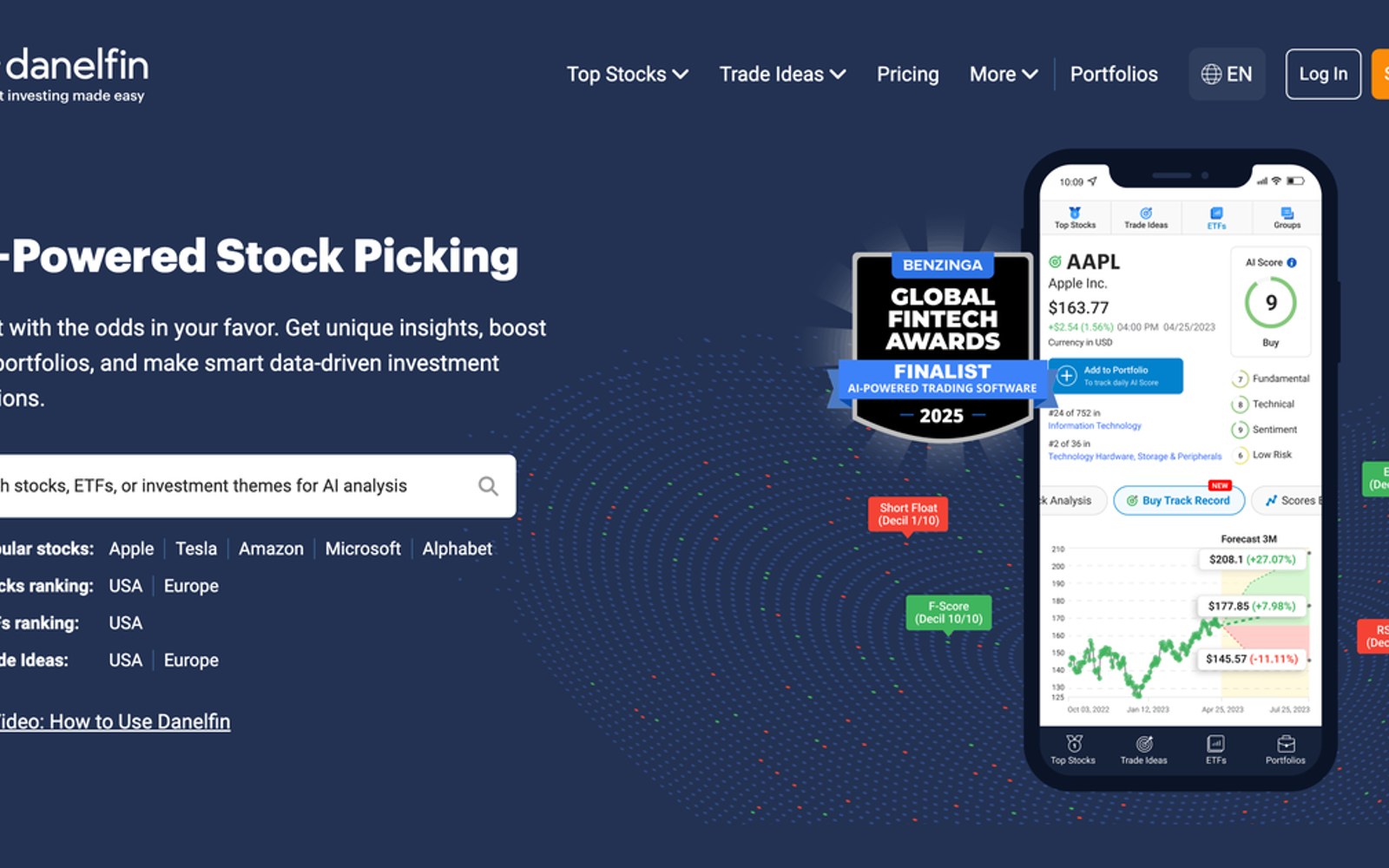 Screenshot of the Danelfin homepage