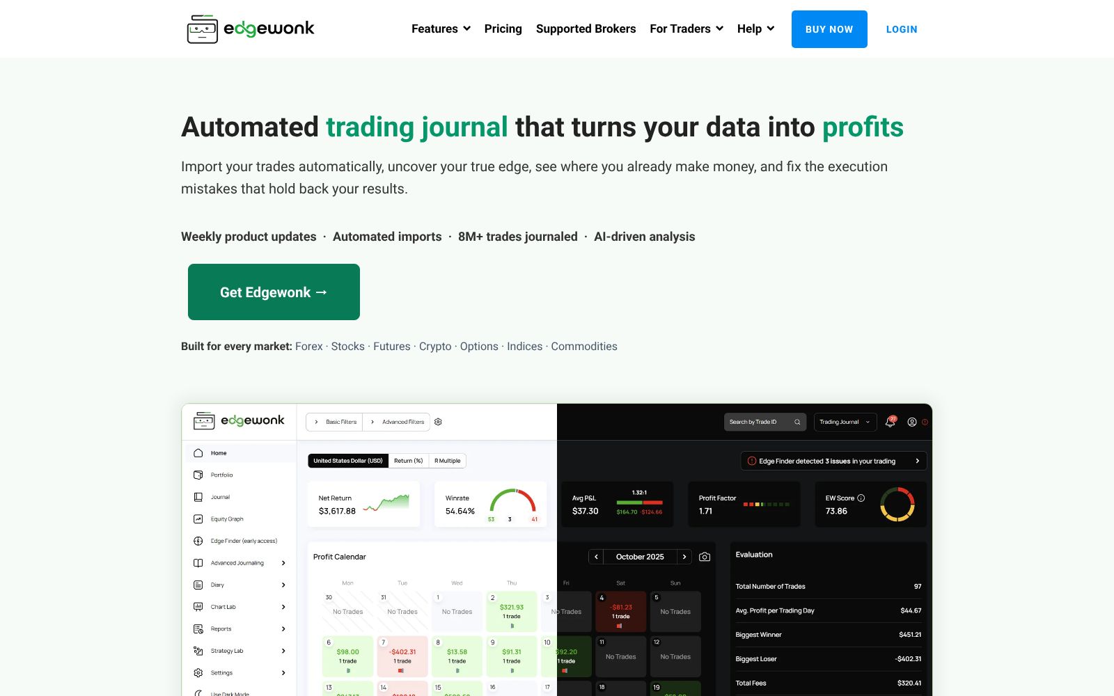 Screenshot of the Edgewonk homepage