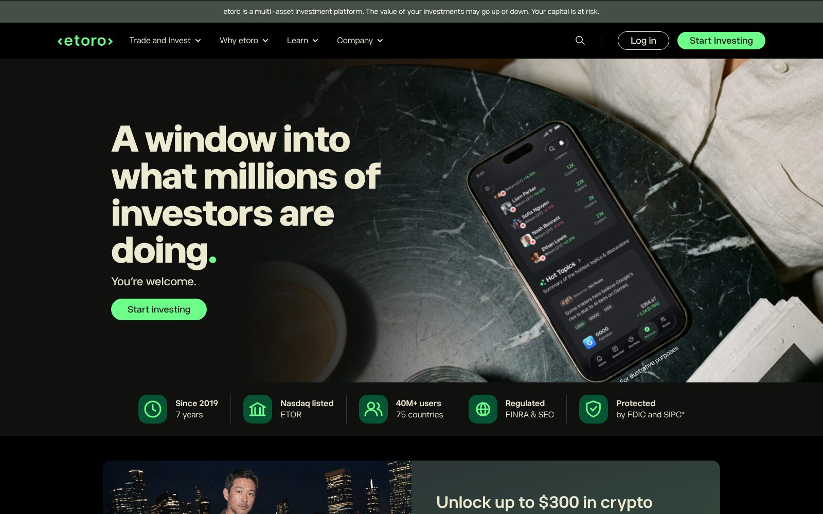 Screenshot of the eToro homepage