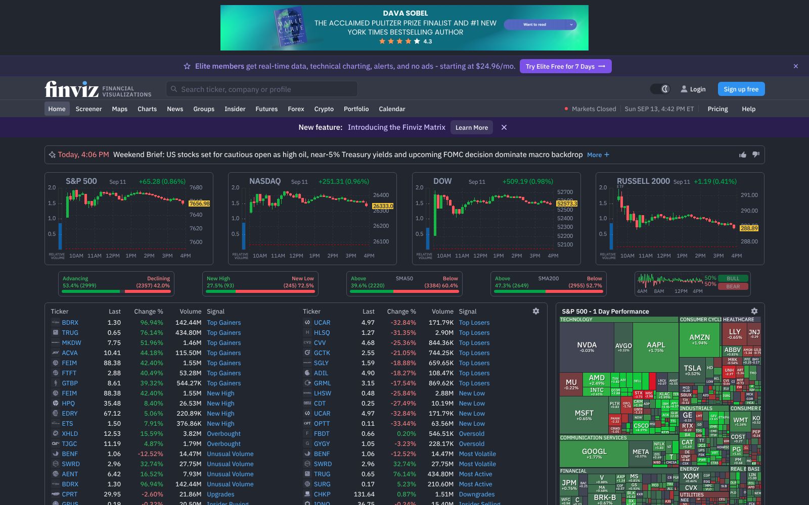 Screenshot of the Finviz Elite homepage