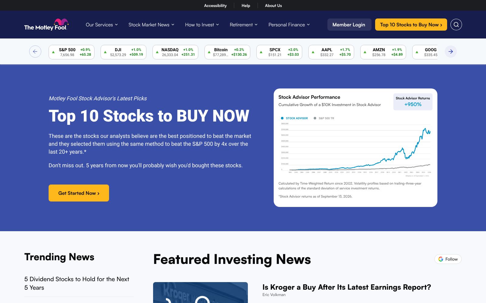 Screenshot of the Motley Fool Stock Advisor homepage
