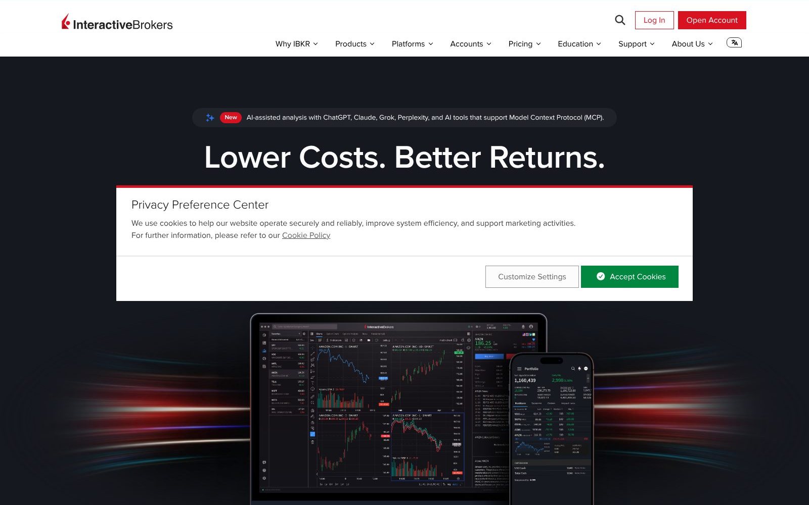 Screenshot of the Interactive Brokers homepage