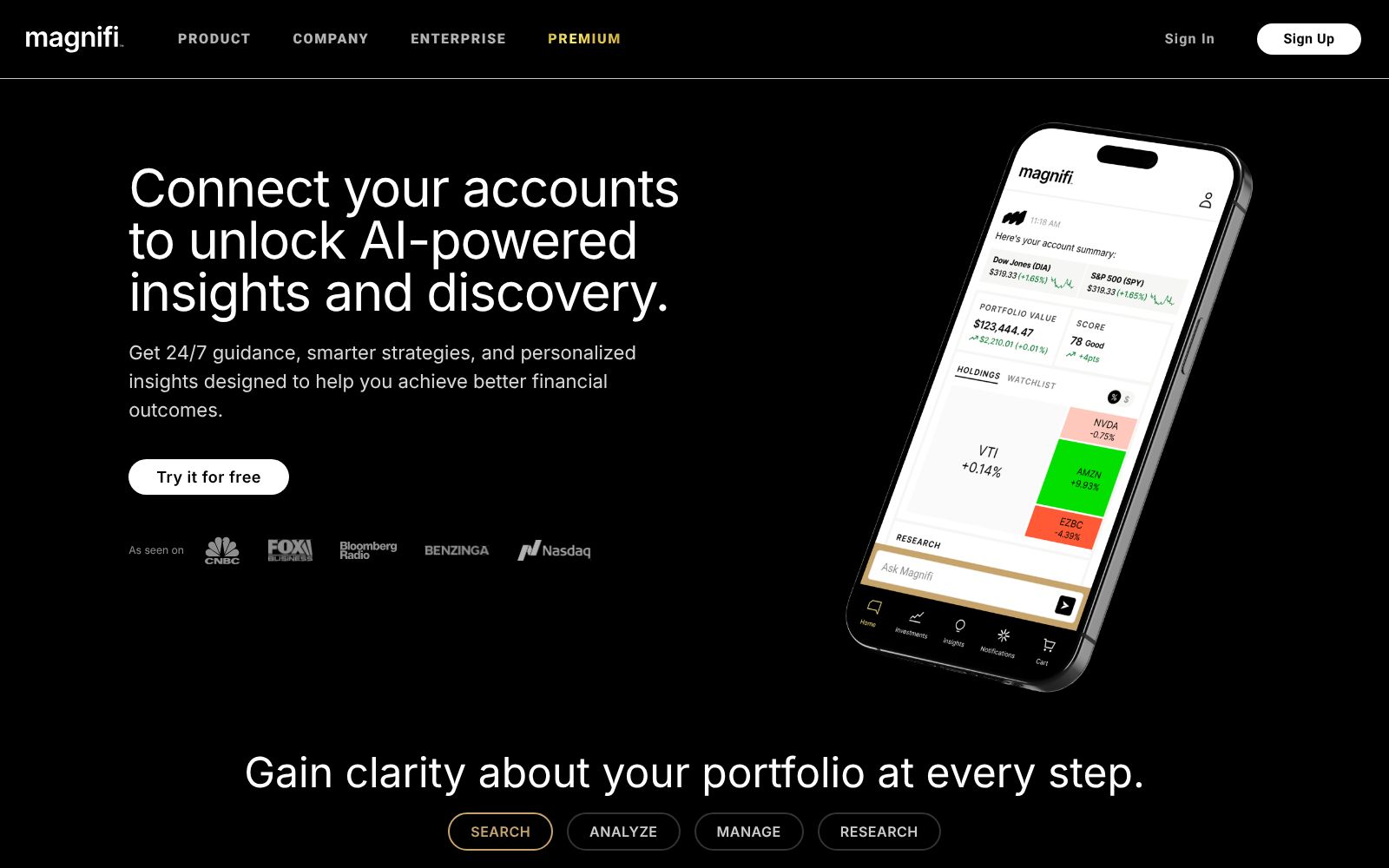 Screenshot of the Magnifi homepage