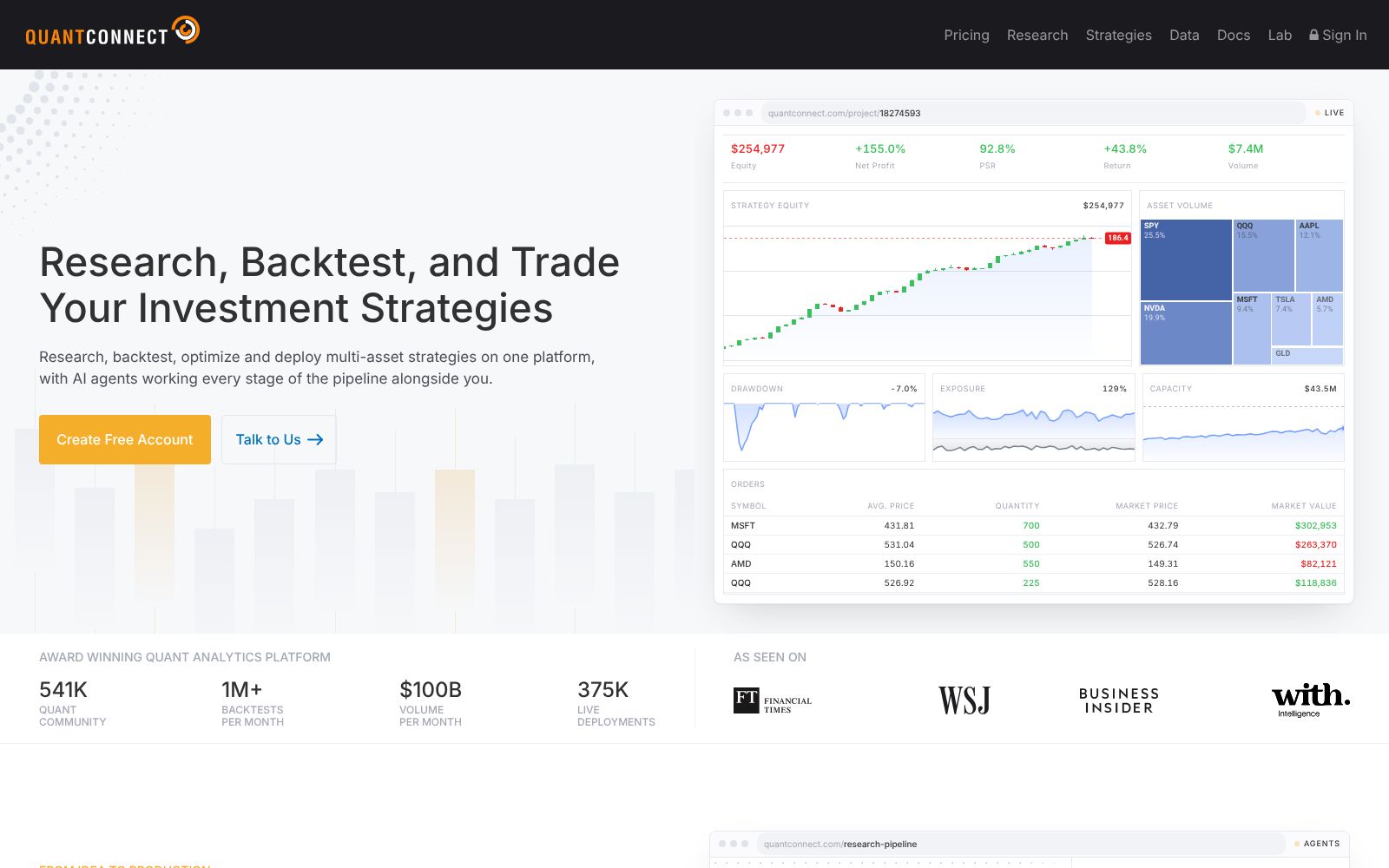 Screenshot of the QuantConnect homepage