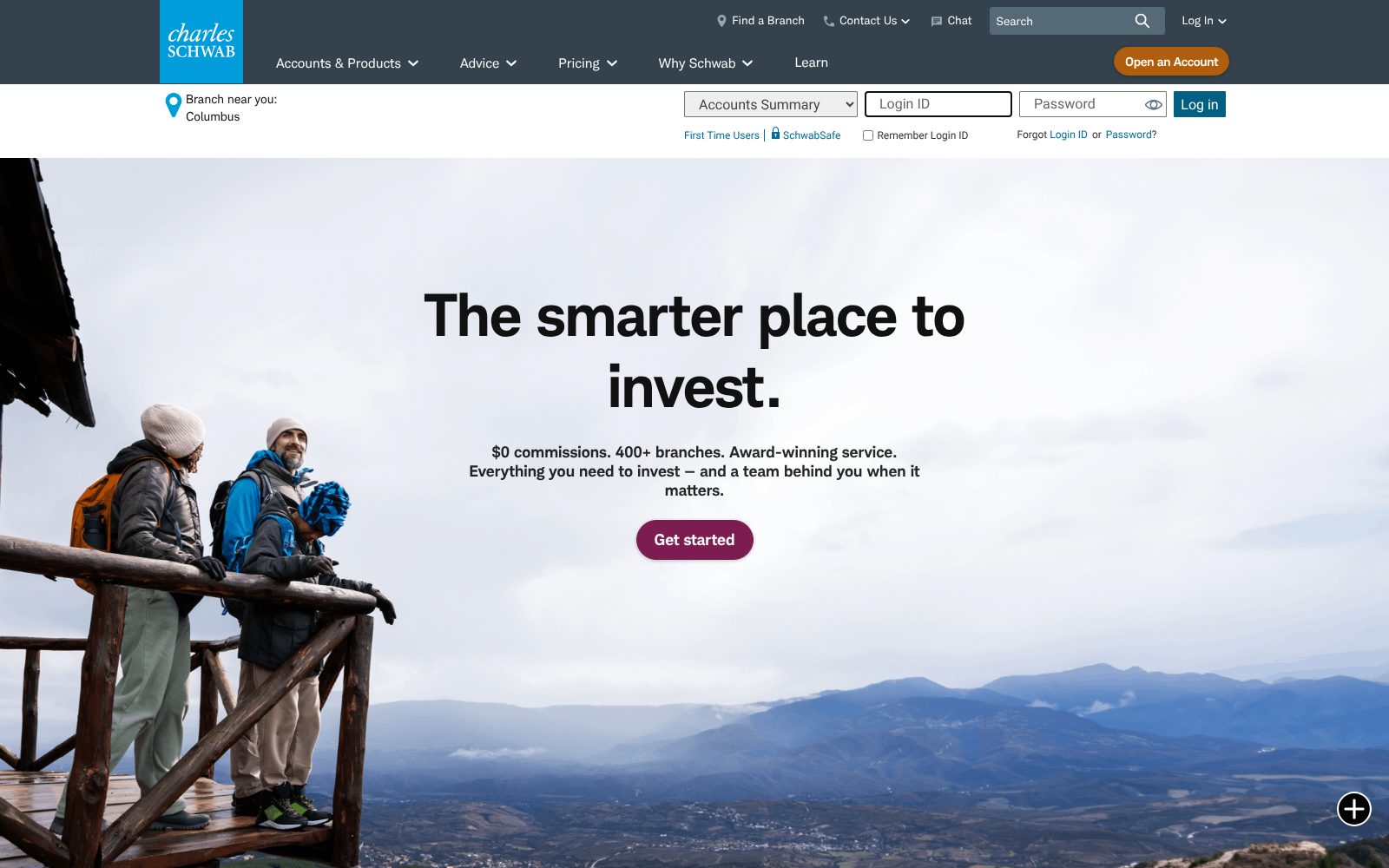 Screenshot of the Charles Schwab homepage