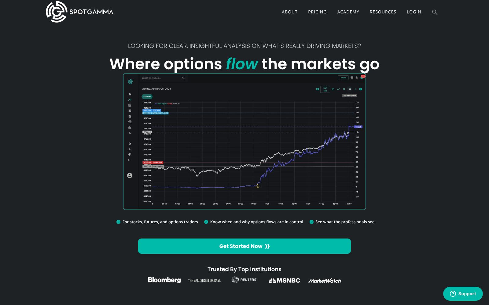 Screenshot of the SpotGamma homepage
