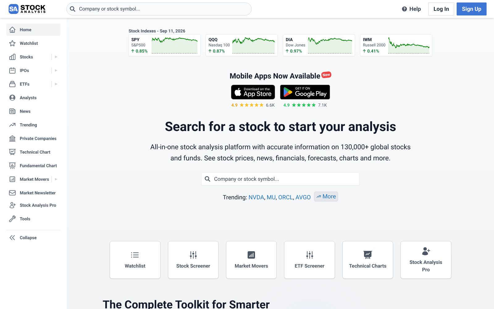 Screenshot of the StockAnalysis.com homepage
