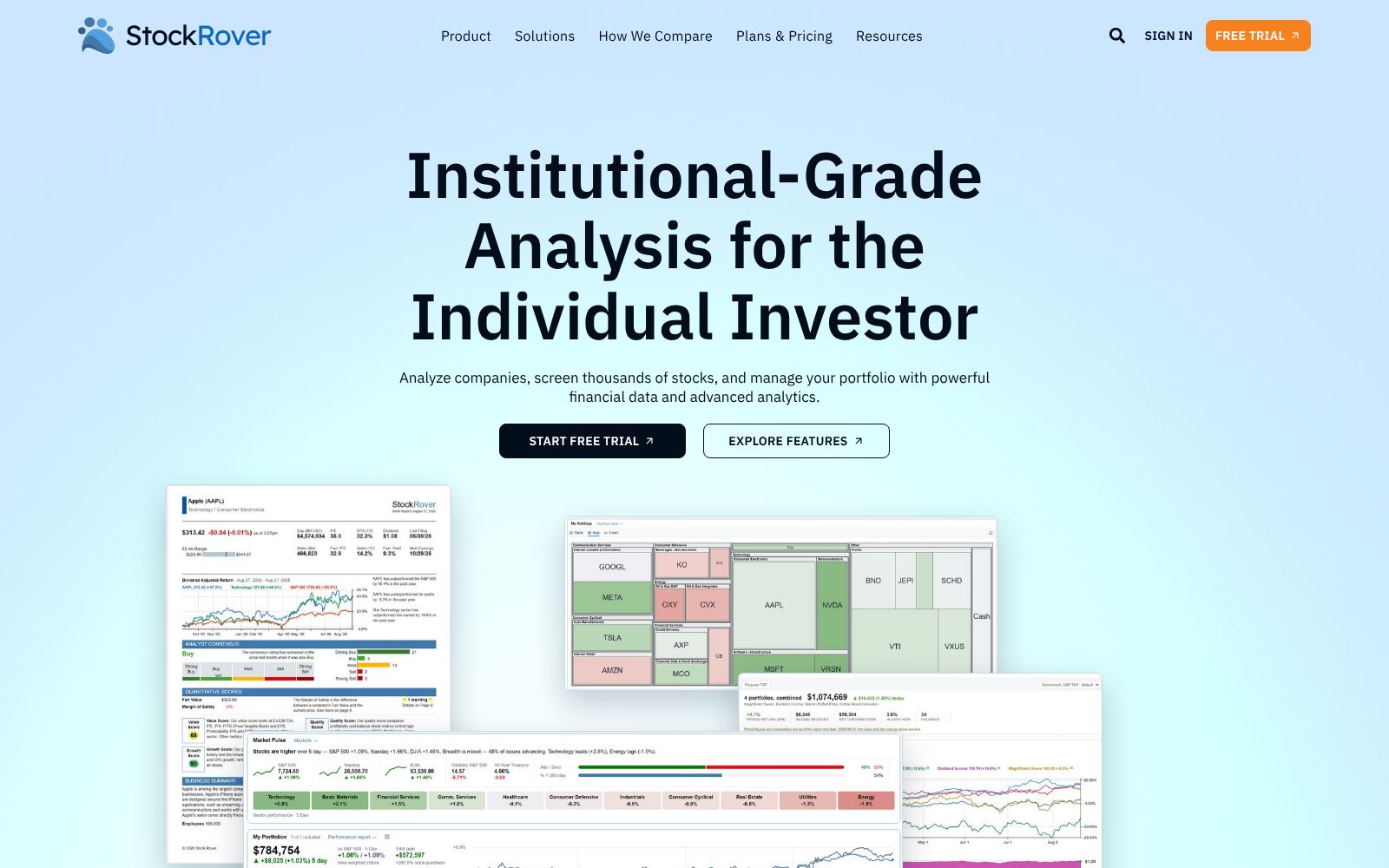 Screenshot of the Stock Rover homepage
