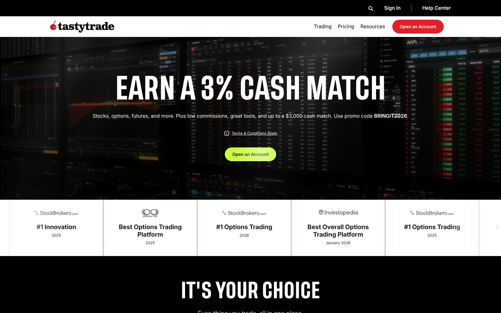 Screenshot of the tastytrade homepage