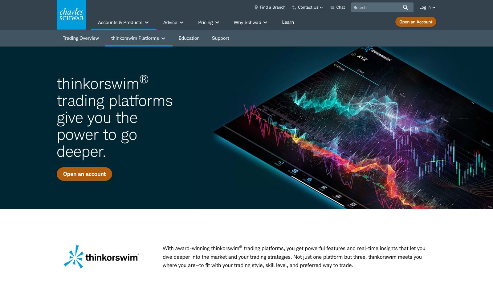 Screenshot of the thinkorswim homepage