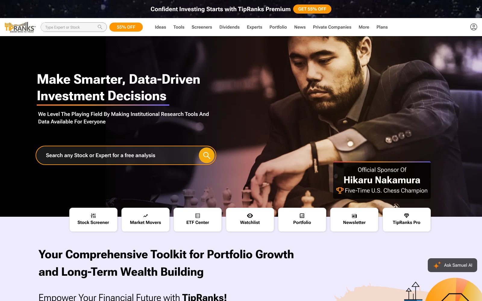 Screenshot of the TipRanks homepage
