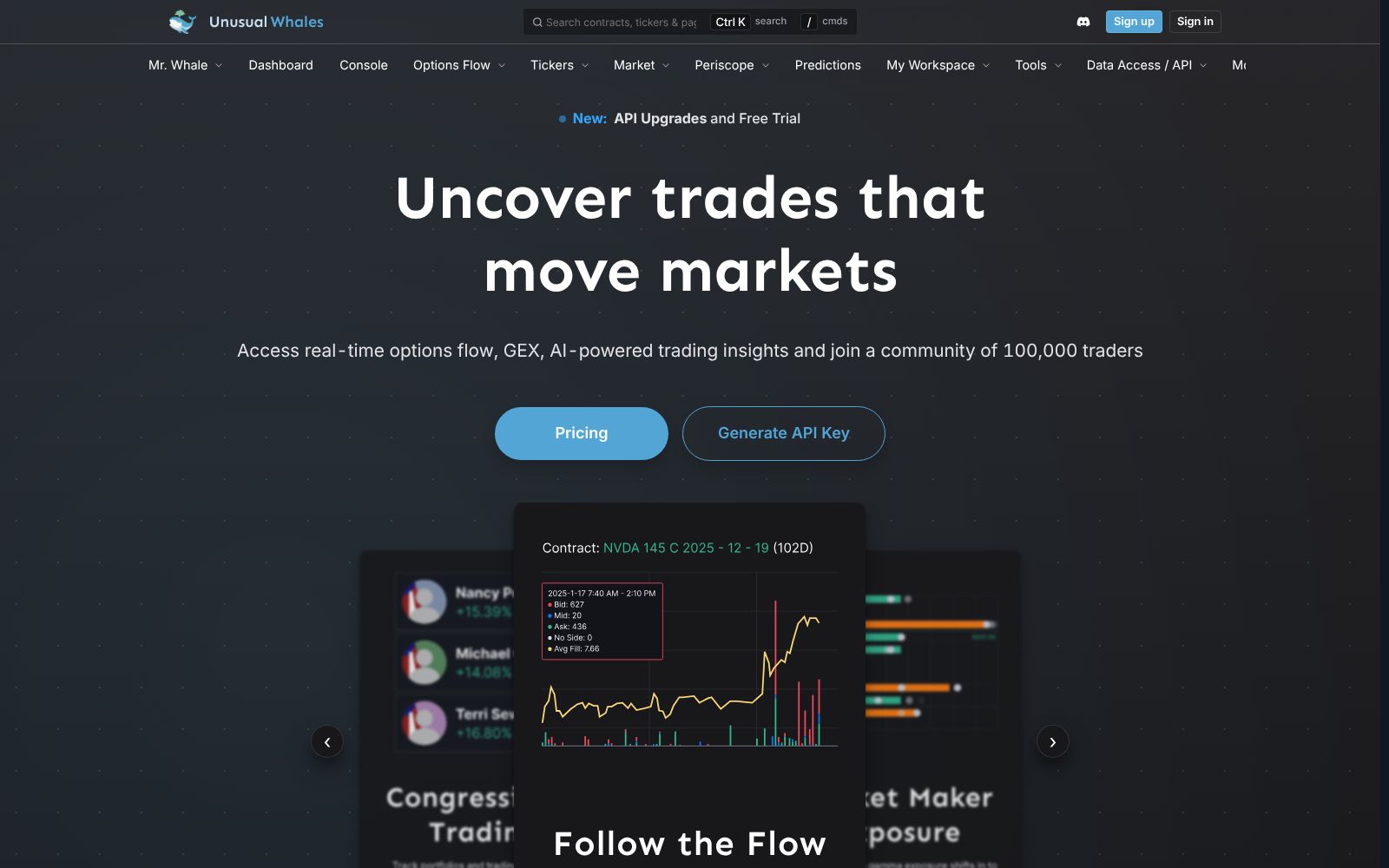 Screenshot of the Unusual Whales homepage