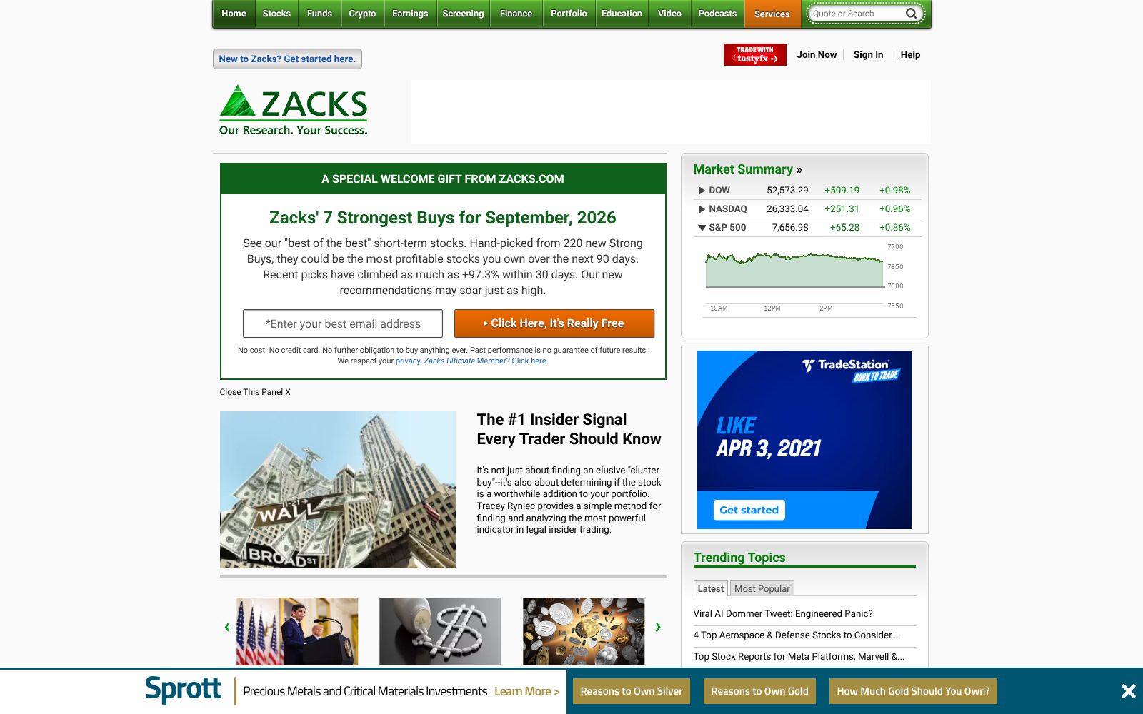Screenshot of the Zacks homepage